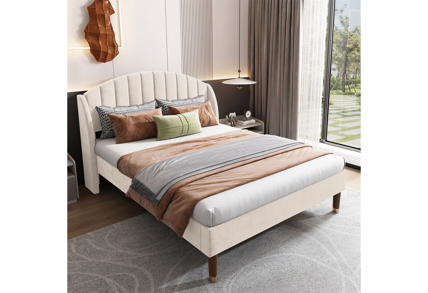 Fanttik Polsterbett mit Samtbezug und Lattenrost 90x200cm,140x190cm,140x200cm,160x200cm, Bettgestell Jugendbett mit Kopfteil, erhältlich in Beige, Grau, Rosa von Fanttik