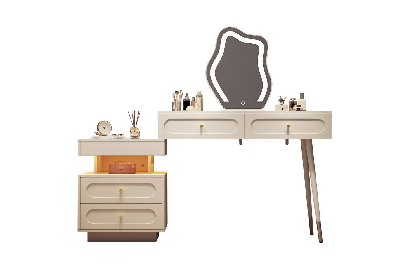 Fanttik Schminktisch mit Hocker und Schubladen, Weiß, 140 x 40 x 130 cm (Set, 2er Set), Breite 140 cm von Fanttik