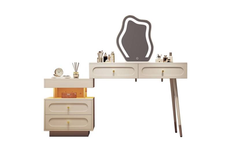 Fanttik Schminktisch mit Hocker und Schubladen, Weiß, 140 x 40 x 130 cm (Set, 2er Set), Breite 140 cm von Fanttik