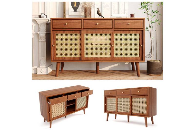 Fanttik Schubkastenkommode Sideboard, Kommode mit 3 Schubladen und 3 Schiebetüren, 120x 40x78cm, verstellbare Ablagen, Beine aus massivem Holz, Metall Bügelgriff von Fanttik