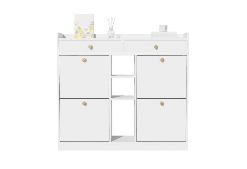 Fanttik Schuhschrank EdlerSchuhschrank mit 2 Schubladen, 3 offenen Fächern, 4 Falttüren für moderne Flure und Eingangsbereiche, 110 x 26 x 100 cm, schwarzer von Fanttik