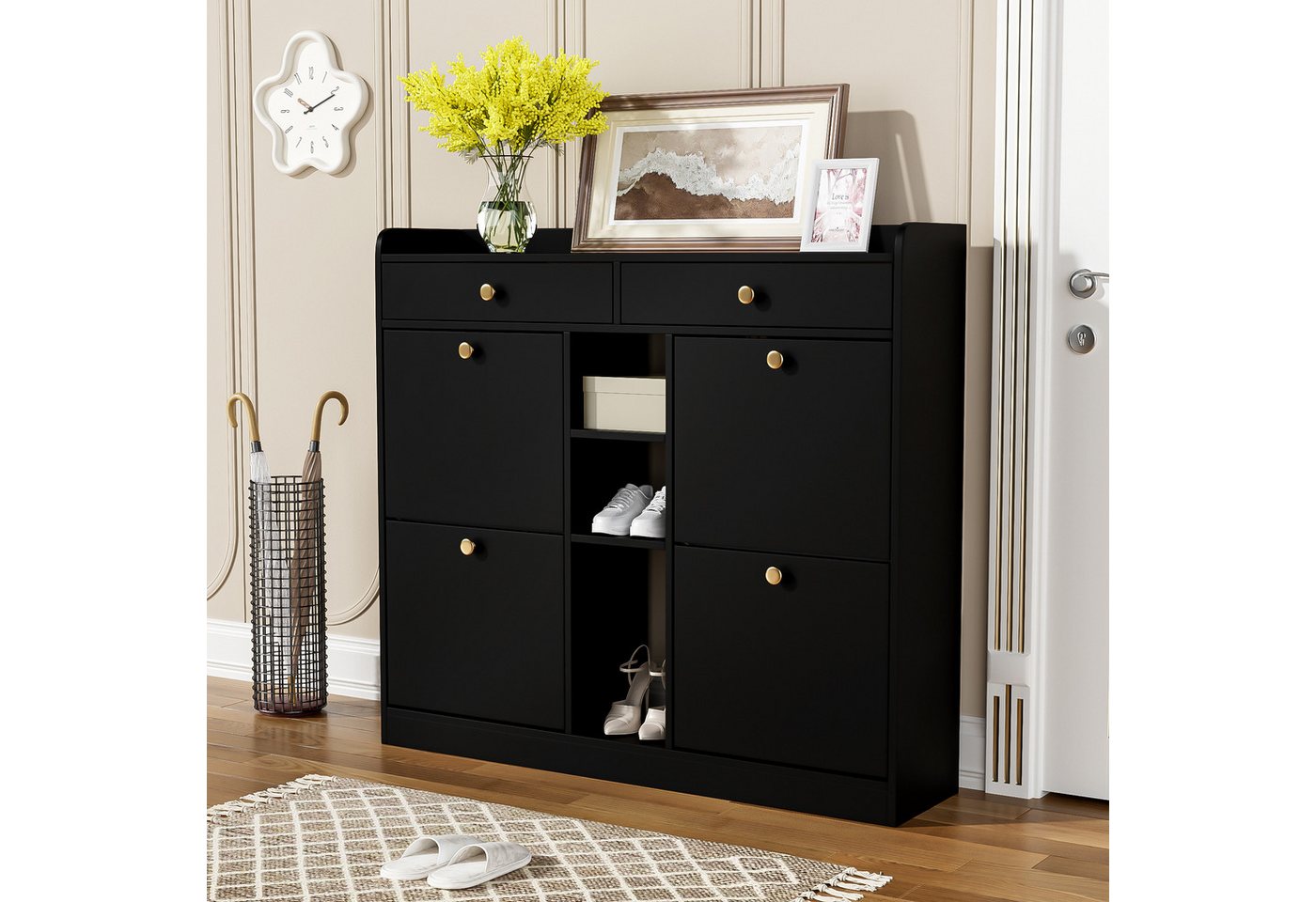 Fanttik Schuhschrank EdlerSchuhschrank mit 2 Schubladen, 3 offenen Fächern, 4 Falttüren für moderne Flure und Eingangsbereiche, 110 x 26 x 100 cm, schwarzer Fanttik Schuhschrank EdlerSchuhschrank mit 2 Schubladen, 3 offenen Fächern, 4 Falttüren für moderne Flure und Eingangsbereiche, 110 x 26 x 100 cm, schwarzer von Fanttik