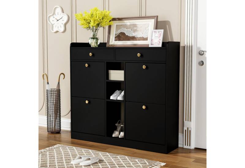 Fanttik Schuhschrank EdlerSchuhschrank mit 2 Schubladen, 3 offenen Fächern, 4 Falttüren für moderne Flure und Eingangsbereiche, 110 x 26 x 100 cm, schwarzer von Fanttik