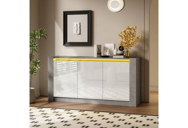 Fanttik Sideboard Hochglanz farblich passender Kabinett, griffloses Design mit LED 150CM, Anrichte Dämpfungsscharnieren und verstellbaren Einlegeböden, 3 Türen von Fanttik