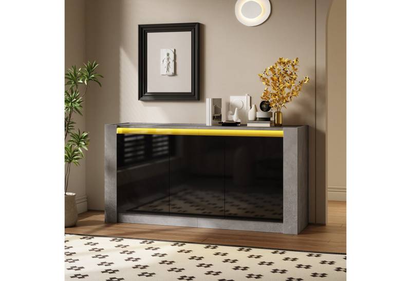 Fanttik Sideboard Hochglanz farblich passender Kabinett, griffloses Design mit LED 150CM, Anrichte Dämpfungsscharnieren und verstellbaren Einlegeböden, 3 Türen von Fanttik