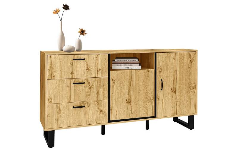 Fanttik Sideboard Kommode mit 3 Schubladen und 2 Türen, Farbblockdesign, Aufbewahrungsschrank Buffet mit Offener Lagerraum 150L x 38 B x 76,5 H von Fanttik