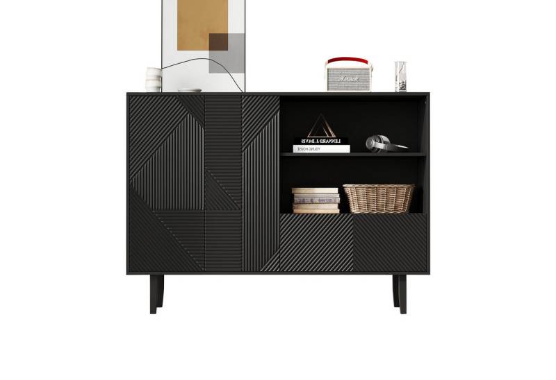 Fanttik Sideboard Kommode mit 4 Türen und 1 Schublade offener Stauraum, für Wohnzimmer, Dekorativer Schrank mit mattschwarzen Streifen für Eingangsbereich von Fanttik