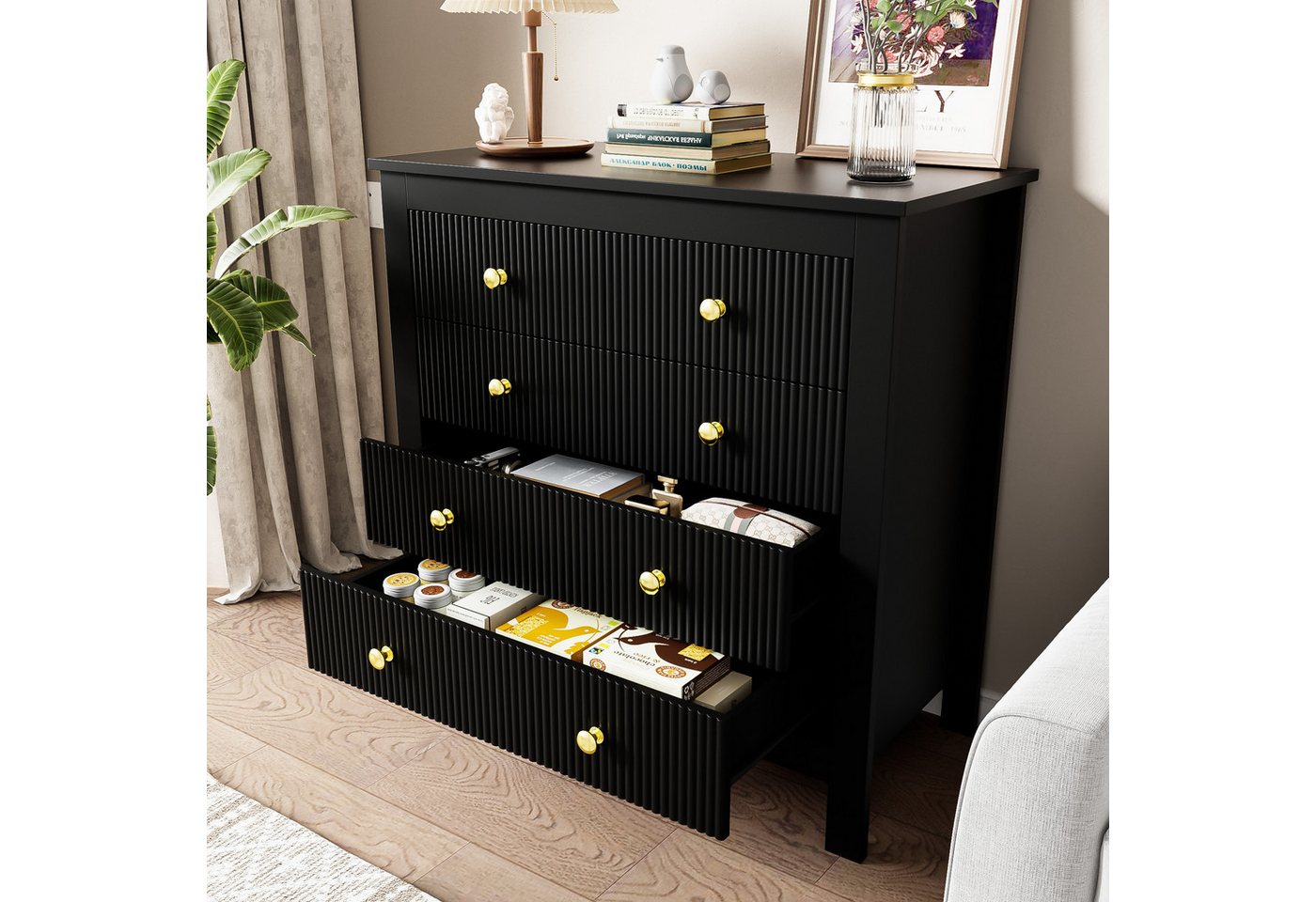 Fanttik Sideboard Kommode mit Spezialtüren, Goldgriffen, 5 Schubladen 75CM Farbauswahl, Modernes Schminktisch, Nachttisch viel Stauraum moderne Rahmenoptik von Fanttik