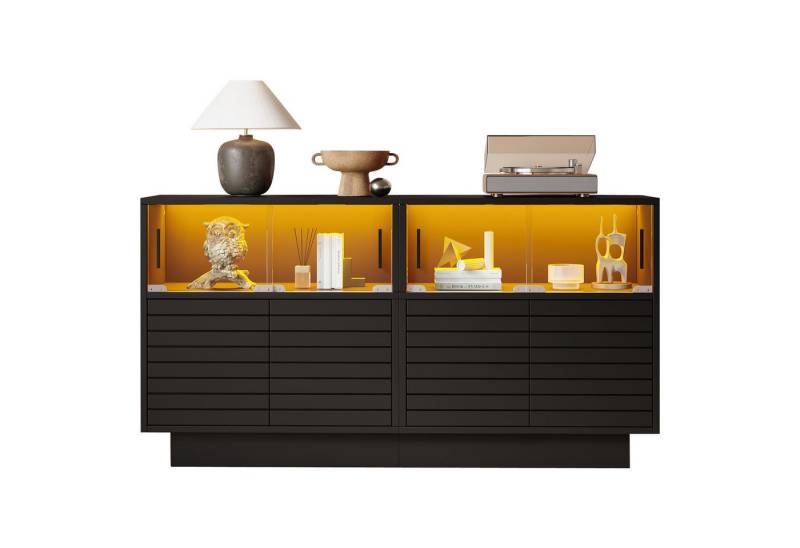 Fanttik Sideboard Vitrinenschrank mit LED-Beleuchtung Beistellschrank (Set, 1 set), Glastüren, Breite 130 cm, Beistellschrank mit LED-Licht von Fanttik