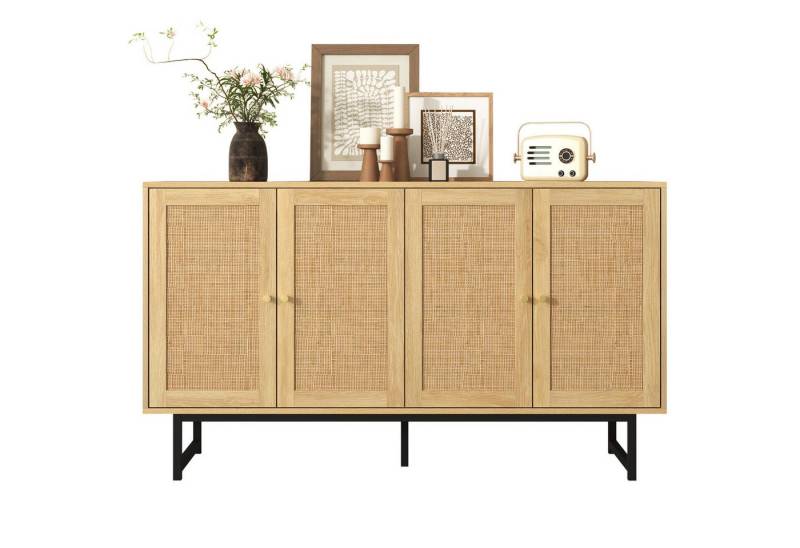 Fanttik Sideboard kommode140x39,5x80 cm mit echtem Rattangeflecht, 4 Türen mit Griffen, Schrank,Industrie-Design, Aufbewahrungsschrank Buffet modern von Fanttik