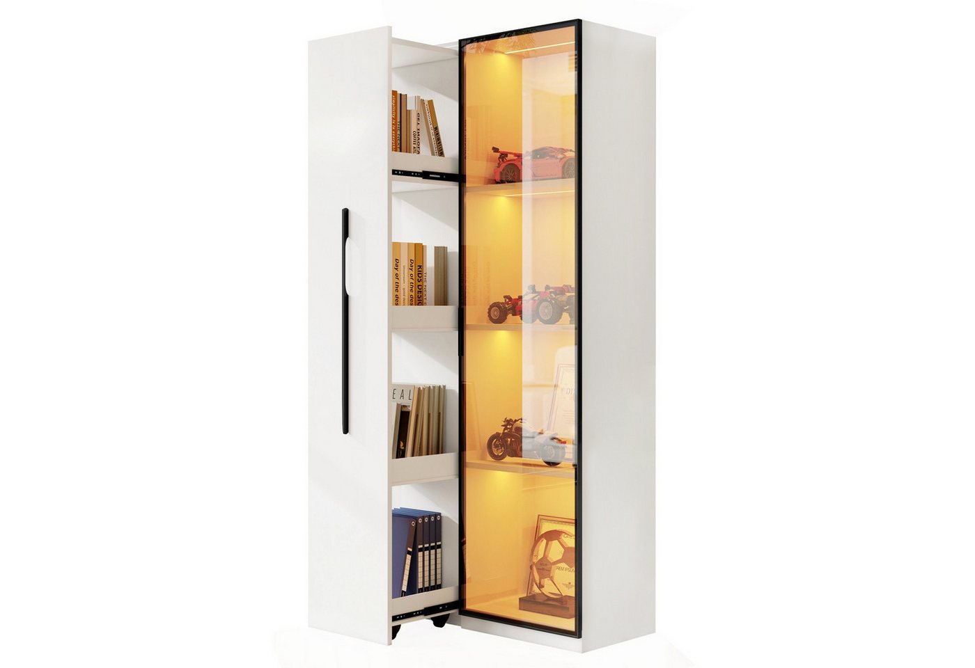 Fanttik Vitrine Stauraumvitrine mit LED & Glastür, 160 cm hoch (1 Tür,1 seitliche Schublade, mit Rollen und LED- Esszimmersch) Geeignet für Wohnzimmer, Arbeitszimmer, Küchen, Badezimmer oder Flure von Fanttik