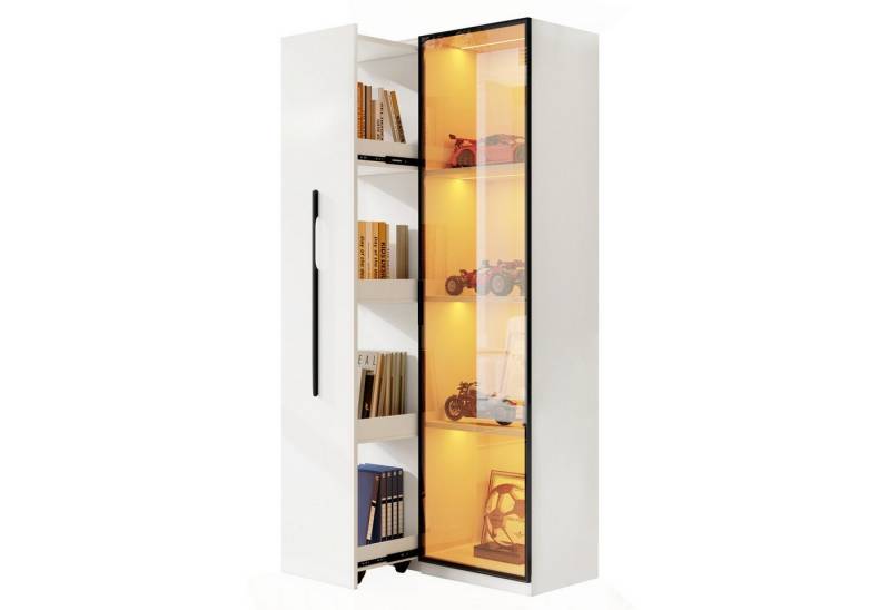 Fanttik Vitrine Stauraumvitrine mit LED & Glastür, 160 cm hoch (1 Tür,1 seitliche Schublade, mit Rollen und LED- Esszimmersch) Geeignet für Wohnzimmer, Arbeitszimmer, Küchen, Badezimmer oder Flure von Fanttik