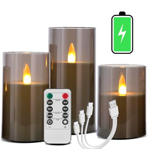 Fanzir Graue wiederaufladbare LED-Kerze mit Fernbedienung Timer, 1800mAh Einzelladung 200 Stunden, Typ C wiederaufladbare LED-Fake-Kerze mit Timer, 10cm 12,5cm 15cm Kerze 3Set von Fanzir