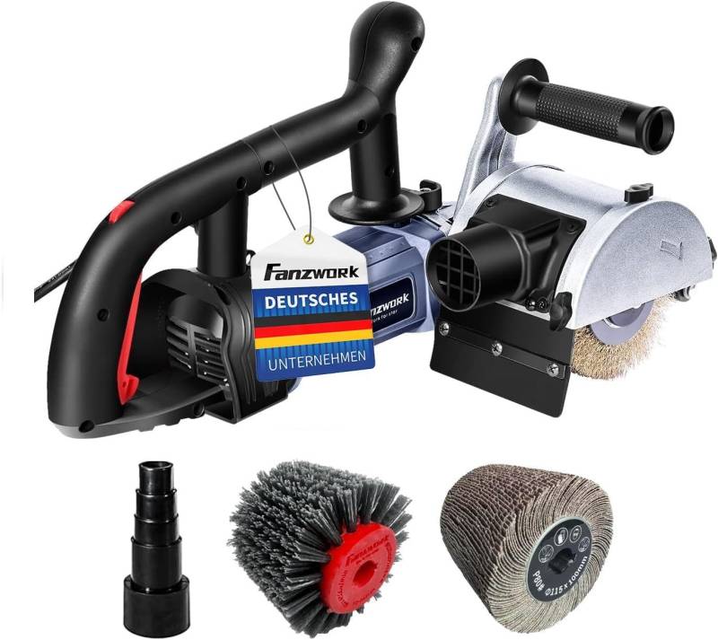 Fanzwork Walzenschleifer V2 Satiniermaschine 1500W inkl. Stahldraht+Nylon+Schleifpapierbürste, Perfekt zum Trockenschleifen von Altholz, Metall, Kunststoff, Gips von Fanzwork
