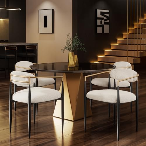 Farati Gepolsterte, moderne Esszimmerstühle, 4er-Set, weiße Bouclé-Akzent-Esszimmerstühle mit goldfarbener Armlehne und schwarzen Metallbeinen für Küche, Wohnzimmer und Lounge von Farati