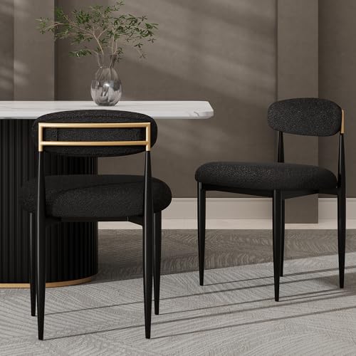 Farati Schwarze Esszimmerstühle 2er Set, Boucle gepolsterte Armlehnenstühle mit gebogener Rückenlehne und schwarzen Metallbeinen für Esszimmer, Küche und Wohnung von Farati