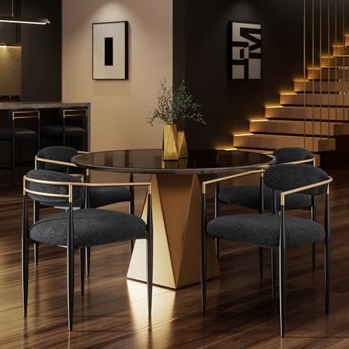 Farati Schwarze moderne Esszimmerstühle im 4er-Set, Boucle gepolsterte Akzent-Esszimmerstühle mit goldfarbener Armlehne und gebogener Rückenlehne für Küche, Wohnzimmer und Lounge von Farati
