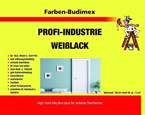 Farben-Budimex Profi-Industrie Weißlack/reinweiss/weiss RAL 9010 / seidenglanz / 750 ml/auf Alkydharzbasis/Lösemittelbasis/f. Holz, Stahl, Metall u. Hart-PVC/für innen u. außen/aromatenfrei von Farben-Budimex