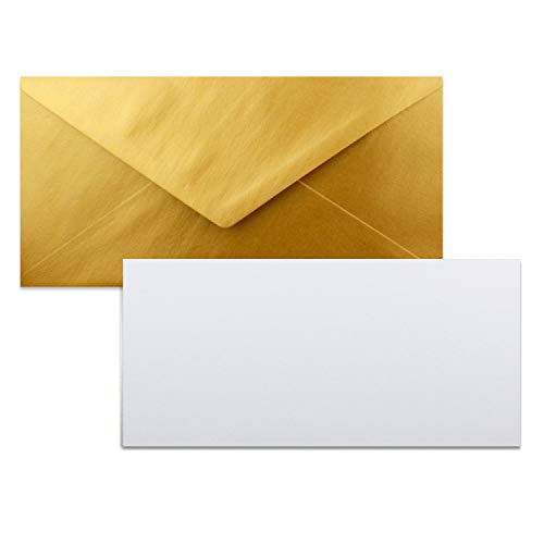 FarbenFroh by GUSTAV NEUSER 100x Stück Karte mit Umschlag Set Einzel-Karten Din Lang 9,9 x 21 cm Hochweiß mit Brief-Umschlägen DIN Lang 11 x 22 cm Gold Metallic Nassklebung von FarbenFroh by GUSTAV NEUSER