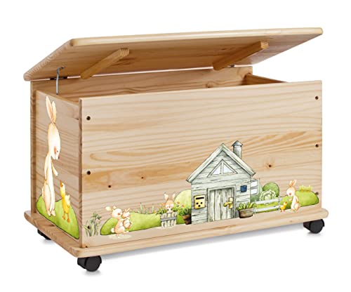 Farbklecks-Collection Spielzeugkiste Hasenfarm - Spielzeugkiste Holzkiste Kinderzimmer Deko personalisierbar von Farbklecks-Collection