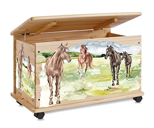 Farbklecks-Collection Spielzeugkiste Pferdewiese - Spielzeugkiste Holzkiste Kinderzimmer Deko personalisierbar von Farbklecks-Collection