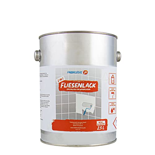 Farbklecks24 Fliesenlack weiss (2,5L) glänzend, Lack für Wandfliesen, Fliesenfarbe, für Küche u. Bad von Farbklecks24