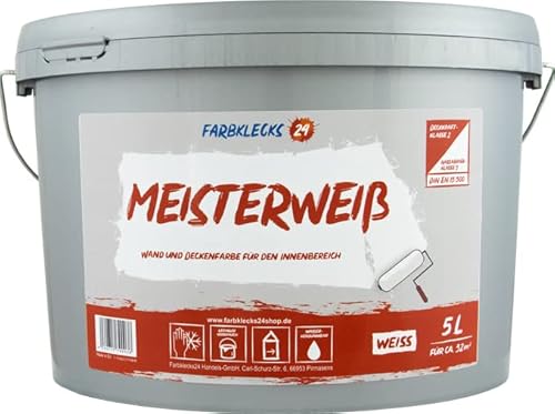 Farbklecks24 Meisterweiß (versch. Größen) Wandfarbe, weiss (5L), hohe Deckkraft von Farbklecks24