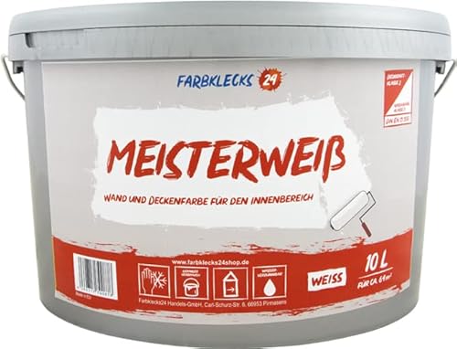 Farbklecks24 Meisterweiß (versch. Größen) Wandfarbe, weiss (10L), hohe Deckkraft von Farbklecks24