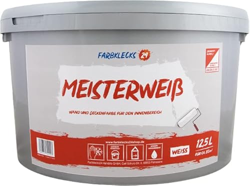 Farbklecks24 Meisterweiß (versch. Größen) Wandfarbe, Deckenfarbe, weiss (12,5L) von Farbklecks24