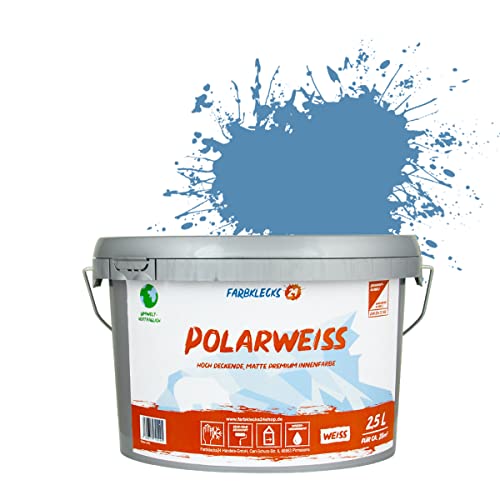 Farbklecks24 Polarweiss Color (versch. Farben) premium Wandfarbe, weiss, sehr hohe Deckkraft, Wandfarbe, Deckenfarbe, Deckkraft Klasse 1, Nassabrieb Klasse 2 (2,5L, Blau 6-3) von Farbklecks24