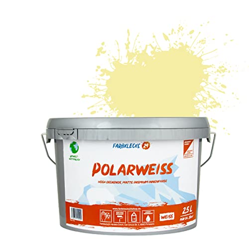 Farbklecks24 Polarweiss Color (versch. Farben) premium Wandfarbe, weiss, sehr hohe Deckkraft, Wandfarbe, Deckenfarbe, Deckkraft Klasse 1, Nassabrieb Klasse 2 (2,5L, Gelb 4-1) von Farbklecks24