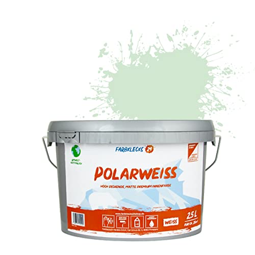 Farbklecks24 Polarweiss Color (versch. Farben) premium Wandfarbe, weiss, sehr hohe Deckkraft, Wandfarbe, Deckenfarbe, Deckkraft Klasse 1, Nassabrieb Klasse 2 (2,5L, Grün 5-0) von Farbklecks24