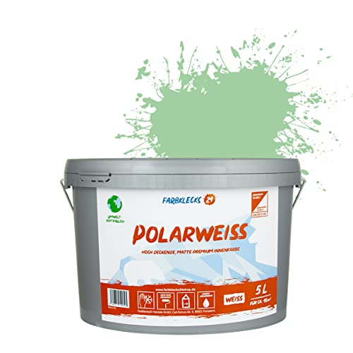 Farbklecks24 Polarweiss Color (versch. Farben) premium Wandfarbe, weiss, sehr hohe Deckkraft, Wandfarbe, Deckenfarbe, Deckkraft Klasse 1, Nassabrieb Klasse 2 (5L, Grün 5-2) von Farbklecks24