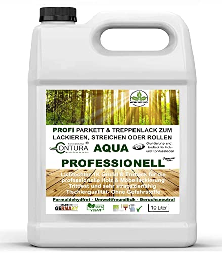 Contura 10 Liter Parkettlack Grundierung und Parkettsiegel XL Aqua Professionell Treppenlack 2in1 Holzlack Geruchsneutral 100% Vegan (Matt Farblos) von Farbmanufaktur CONTURA Nur das Beste für ihr Holz