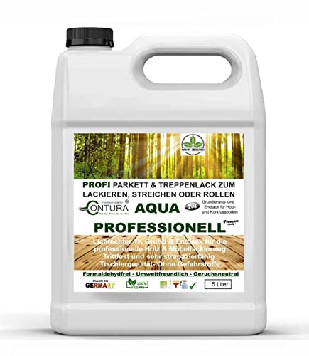 Contura 5 Liter Parkettlack Grundierung und Parkettsiegel Aqua Professionell Treppenlack 2in1 Holzlack Geruchsneutral 100% Vegan (Glänzend Farblos) von Farbmanufaktur CONTURA Nur das Beste für ihr Holz