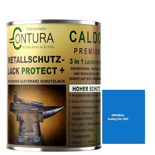 Contura 3in1 Rostschutzfarbe Metallschutzlack Seidenmatt RAL Metall Lack Farbe Grundierung (RAL 5012 (Intern: Mittelblau), 1 Liter) von Farbmanufaktur CONTURA Nur das Beste für ihr Holz