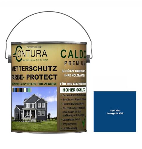 Contura Wetterschutzfarbe 1 Liter Holz Dauerschutzfarbe Deckend Buntlack Holzfarbe Holzlasur Seidenmatt (Capri Blau - RAL 5019 Analog) von Farbmanufaktur Contura Nur das Beste für Ihr Holz