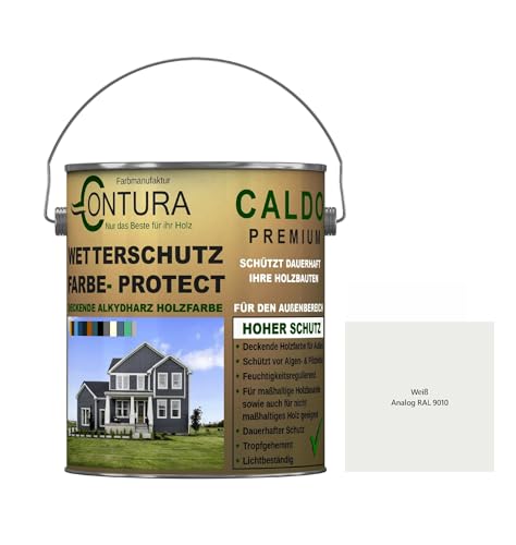 Contura Wetterschutzfarbe 1 Liter Holz Dauerschutzfarbe Deckend Buntlack Holzfarbe Holzlasur Seidenmatt (Weiß - RAL 9010 Analog) von Farbmanufaktur Contura Nur das Beste für Ihr Holz