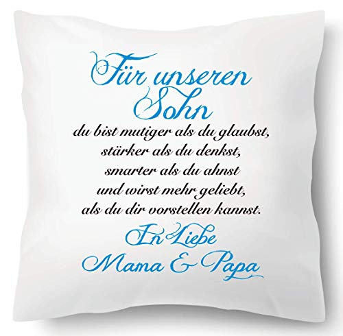 Farbwuselei Kissen mit Spruch Für unseren Sohn In Liebe Mama und Papa Blau Kissenhülle Inlay Kissenbezug Geschenk Eltern von Farbwuselei