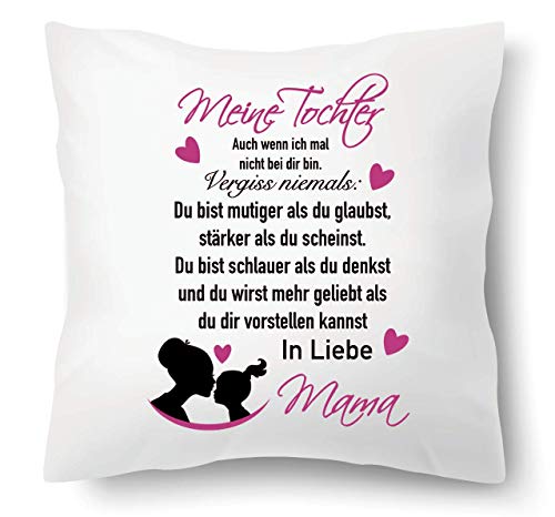 Farbwuselei Kissen mit Spruch Meine Tochter vergiss Niemals Du bist mutiger als du glaubst In Liebe Mama Kissenhülle Inlay Kissenbezug Geschenk PINK von Farbwuselei