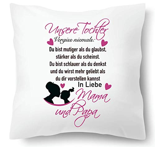 Farbwuselei Kissen mit Spruch Unsere Tochter vergiss Niemals Du bist mutiger als du glaubst In Liebe Mama und Papa Kissenhülle Inlay Kissenbezug Geschenk PINK von Farbwuselei