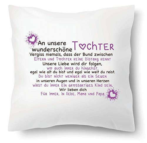 Farbwuselei Kissen mit Spruch Wunderschöne Tochter in Liebe Mama Papa Lila Kissenhülle Inlay Kissenbezug Geschenk Eltern von Farbwuselei