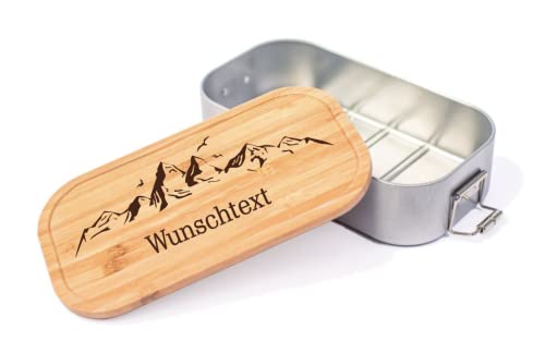 Farbwuselei Lunchbox Dose XL Berge Alpen Wunschtext Name Brotdose Personalisierte Erinnerungskiste Holzbox Bambus (große Dose) von Farbwuselei