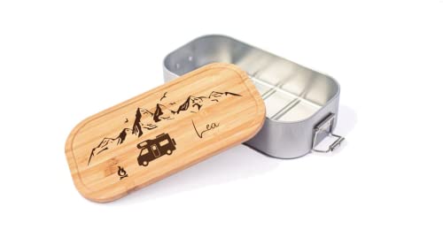 Farbwuselei - Personalisierte Brotdose Wohnmobil Berge Feuer für Kinder und Erwachsene Robuste Individuelle Edelstahl Brotdose mit Namen - Personalisierte Lunchbox (große Dose) von Farbwuselei