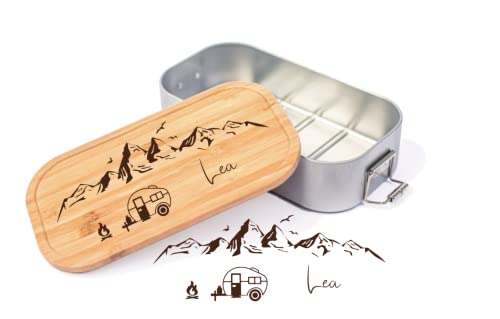 Farbwuselei - Personalisierte Brotdose für Kinder und Erwachsene Wohnwagen Berge - Robuste und Individuelle Edelstahl Brotdose mit Namen - Personalisierte Geschenke Lunchbox (175 x 95 x 45 mm - 700ml) von Farbwuselei