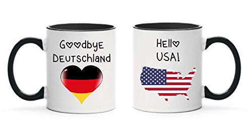 Farbwuselei Tasse Goodbye Deutschland Hello USA Geschenk lustig Witzig Schwarz beidseitig bedruckt von Farbwuselei