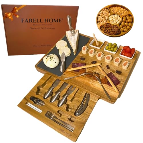 FARELL HOME® Käsebrett mit Servierplatte und Charcuterie Board aus Akazienholz- und Käsebrett - Messerset, Keramikschale- Perfekt für Antipasti - Geschenkidee. (Rechteckig) von Farell Home