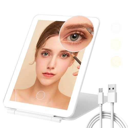Farerkass Faltbarer Kosmetikspiegel mit Beleuchtung, 3 Farben Dimmbarer Reisespiegel mit Mini 10X Vergrößerungsspiegel, Wiederaufladbarer Touchscreen Schminkspiegel mit Beleuchtung (Weiß) von Farerkass
