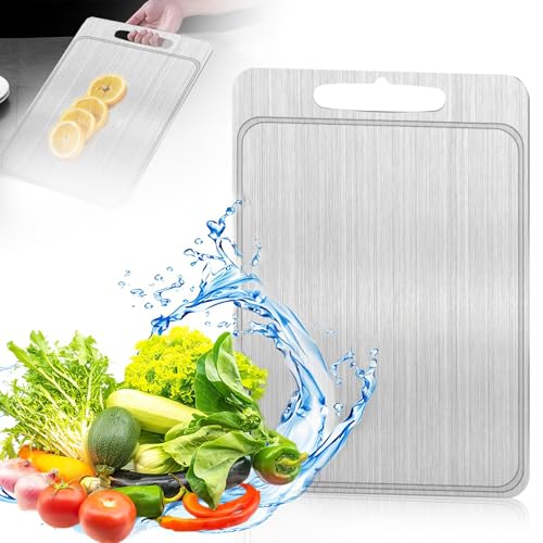 Farerkass Titan 304 Schneidebrett Edelstahl, Titanium Cutting Board, Schneidebretter für Küche Edelstahl Schneidebrett, 34×23cm Doppelseitiges mit Rille für Fleisch Obst Gemüse von Farerkass