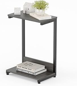 Farini Beistelltisch Sofatisch Couchtisch Nachttisch mit 2 Ablagefächern C-Form Metallgestell, Tischpltte aus Holz, einfacher Aufbau Grau von Farini